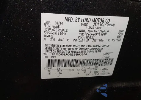 2014 Ford Edge Sel из США, поврежденный, VIN 2FMDK4JC6EBB03808